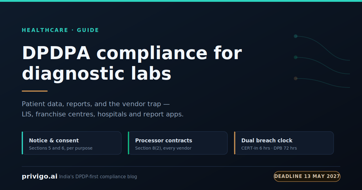 DPDPA diagnostic labs compliance: patient data flowing from collection centres to LIS vendors, hospitals and report apps