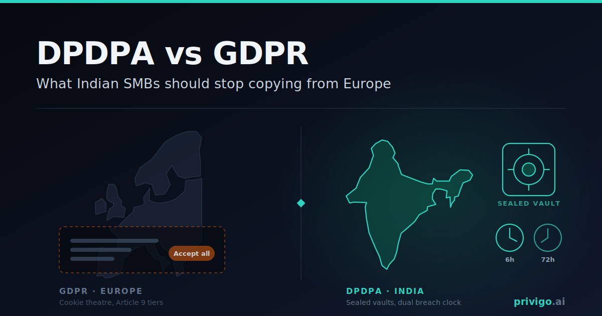 DPDPA vs GDPR side-by-side comparison for Indian SMBs showing lawful grounds, children's rules and breach clocks
